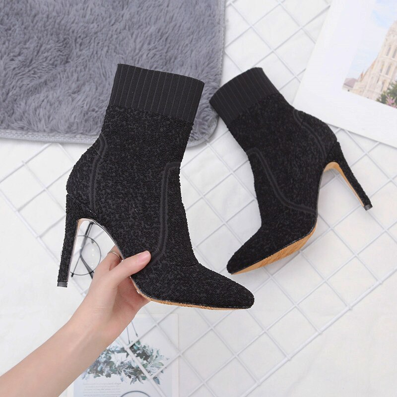 Slim fit kvinder ankelstøvler spidstå stretch stof strik sokkestøvle højhælede sko kvinde valentin sko kvinder pumps: Sort / 34