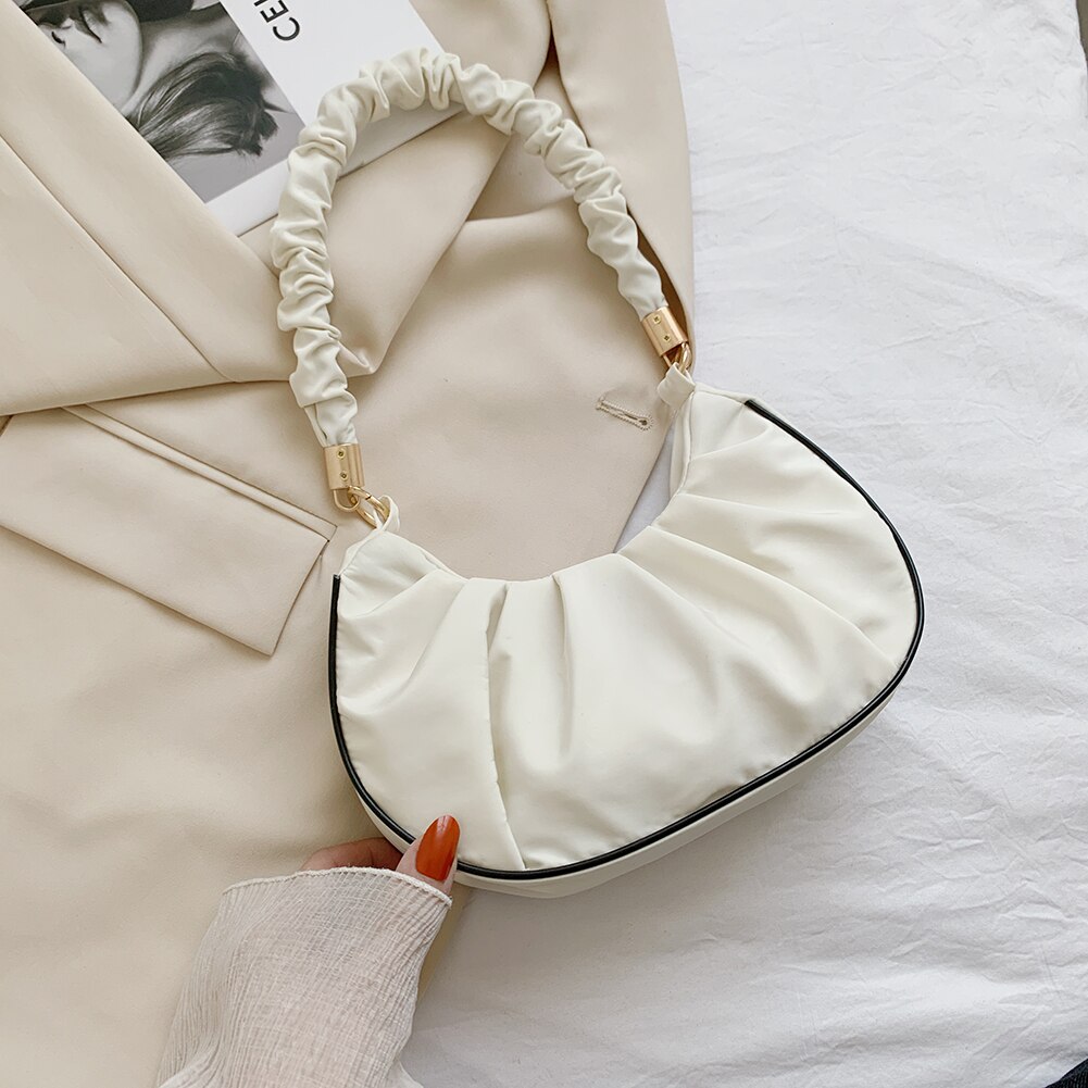 Borsa a tracolla ascellare a pieghe in tinta unita da donna di moda borsa da donna Casual con manico piccolo Hobos: WHITE