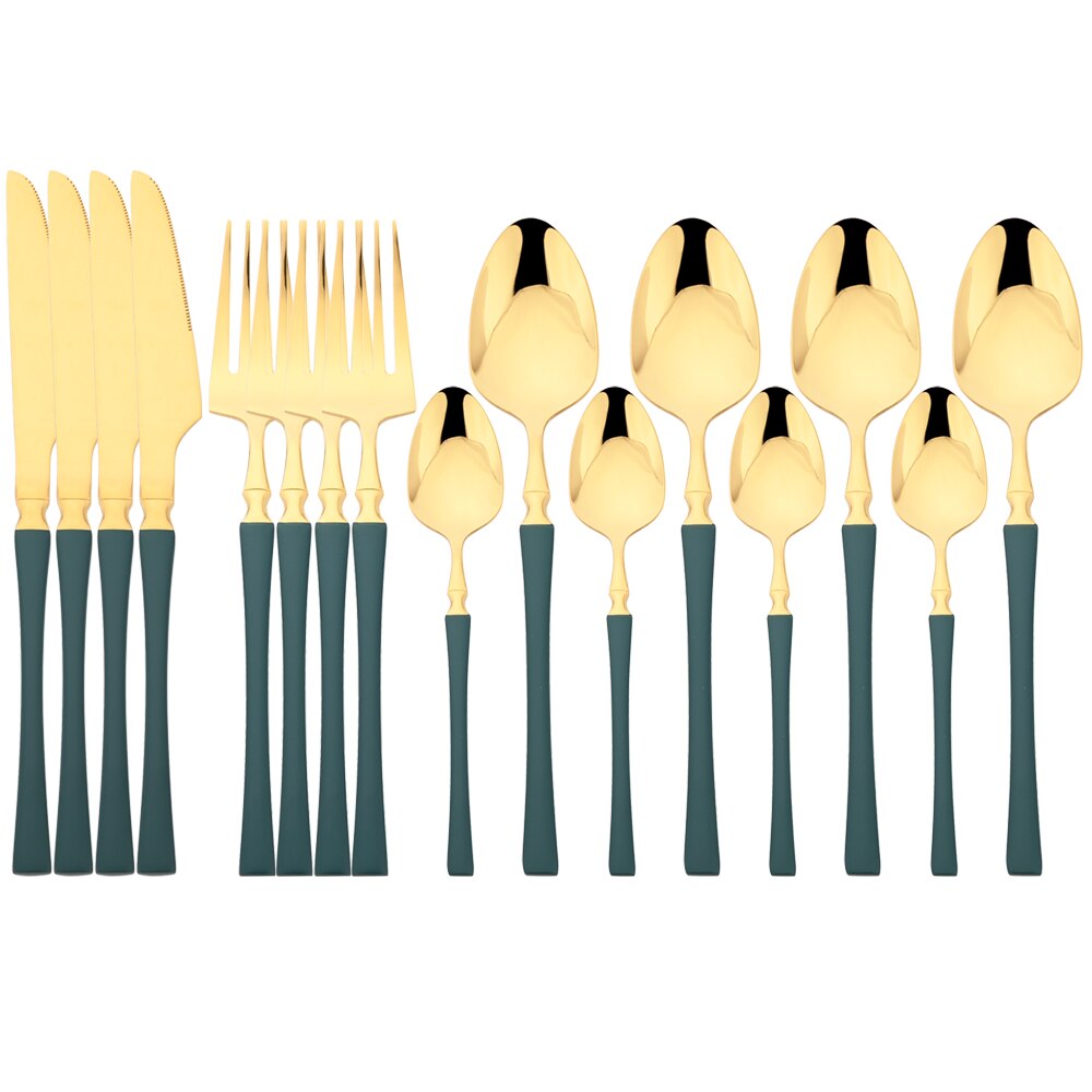 16 -teiliges rosen-essbesteck-set, bestehend aus messer, gabel, kaffeelöffel, edelstahlbesteck und küchenaccessoires im westlichen stil: Grünes gold