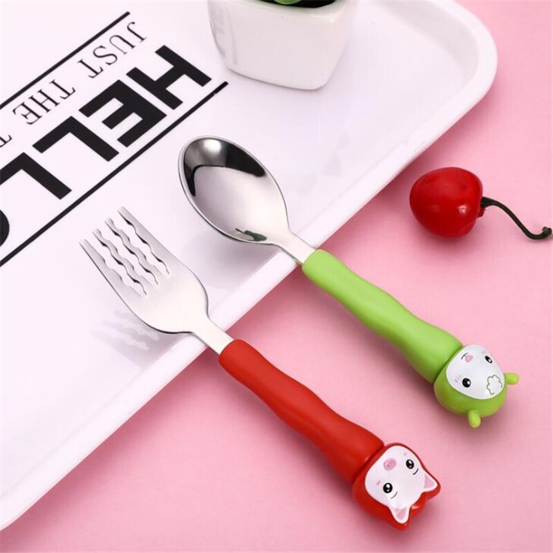 Baby Gadgets Tableware Set Children Utensil Stainless Steel Toddler Dinnerware Cutlery Cartoon Infant Food Feeding Spoon Fork: Sheep x Pig with box