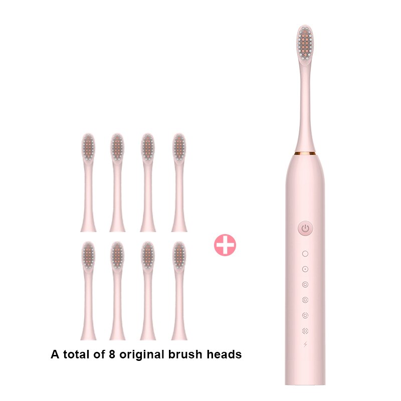 Sonic Electric Toothbrush Smart Tooth Brush Ultrasonic Automatic Toothbrush 6 Modes USB Fast Rechargeable Adult IPX7 Waterproof: pink box 8 head