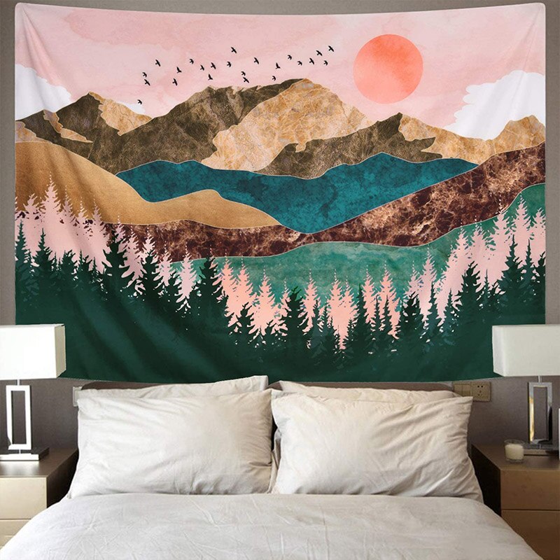 Mural de paisaje abstracto moderno, tapiz de pared de poliéster para decoración del hogar, montaña al atardecer, bosque, Pirnt Asuka