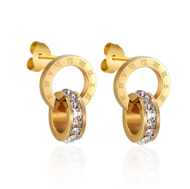 316L Rvs Romeinse Ingelegde Kristallen Lucky Ketting Oorbellen Armband Set Dubbele Ring Ingelegd Zirkoon Sieraden Set: Earring