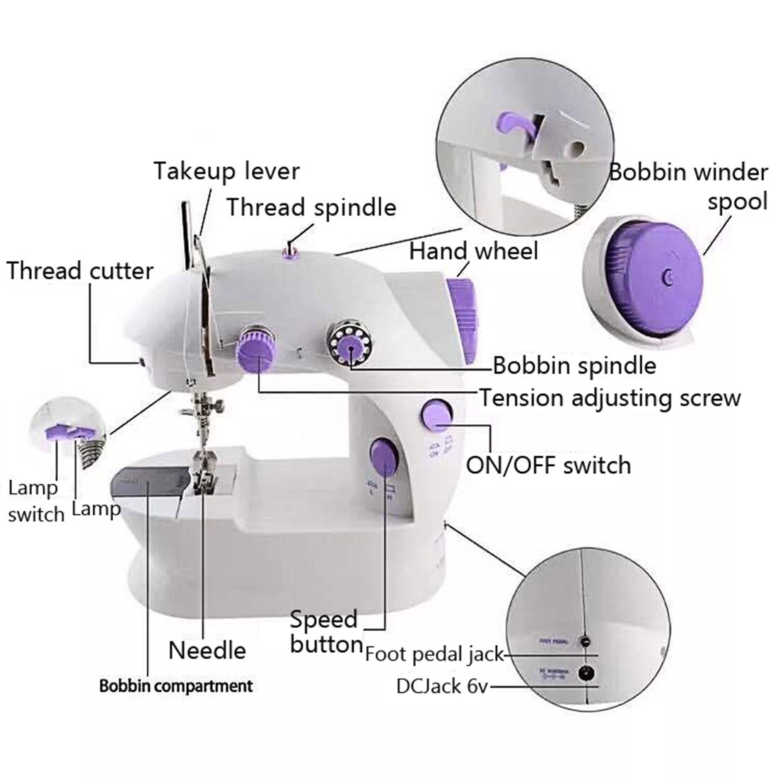Electric Sewing Machine Dual Speed Adjustment With Light Foot Double Pendal Handheld Automatic Sewing Machine 12pcs Threads