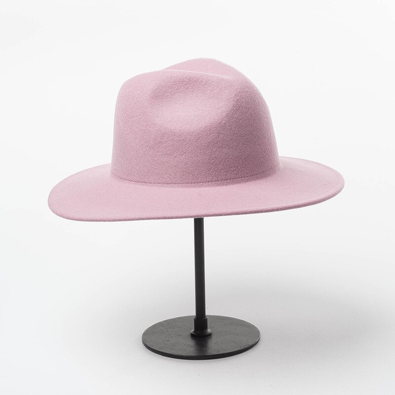 Winter Women Fedora Hat 100% Wool Wide Brim Felt Hats Cap Crushable Pork Pie Hat Female Floppy Church Wedding Bridal Hats: Pink