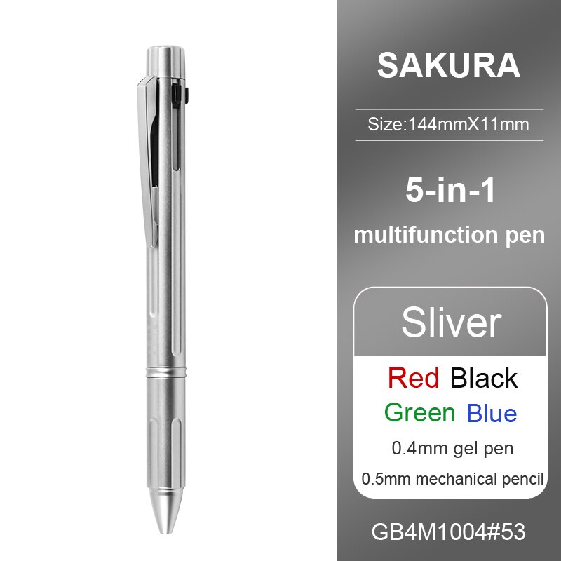 1Pcs SAKURA 5-IN-1 multi-functional color gel pen (0.5 automatic pencil + 0.4mm 4-color gel pen) low center of gravity writing: Sliver