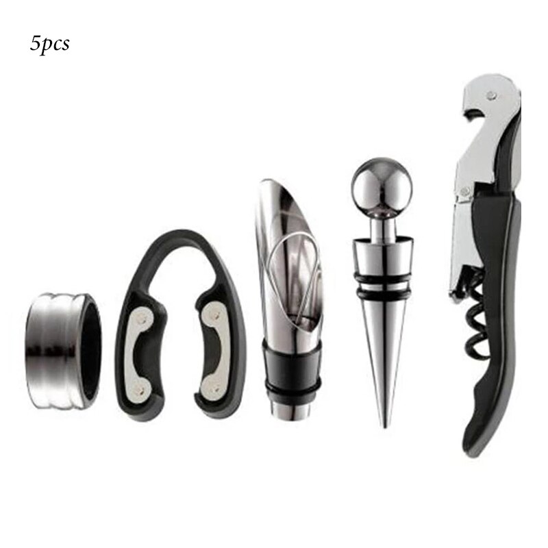 Stainless Steel Wine Opener for Bottle Opener Tools Set with Wood Box Pourer Stopper Foil Cutter Drip Ring Kit: 5pcs