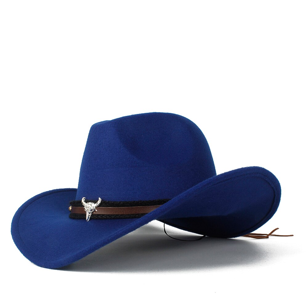 Child Kids Wool Hollow Western Cowboy Hat Roll-up Brim boy girl Outblack Sombrero Hombre Jazz Cap: Blue