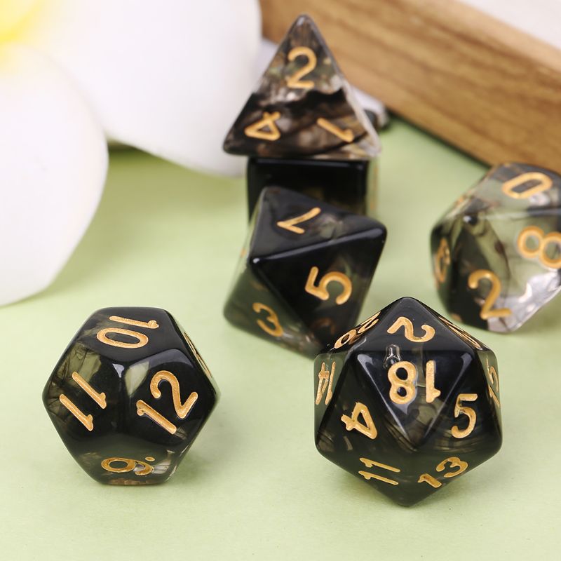 7 stuks/set speldobbelstenen transparante dobbelstenen multi-side desktop games party play polyhedral zwart/roze