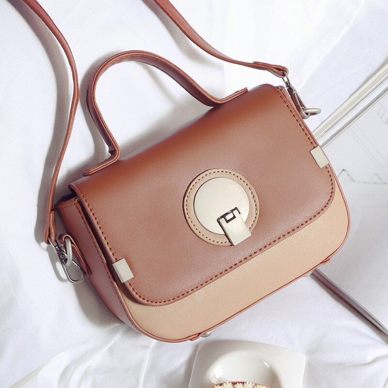 Doudou European and American round button small square Bag Messenger Bag single shoulder women's bag leisure ba: Brown.