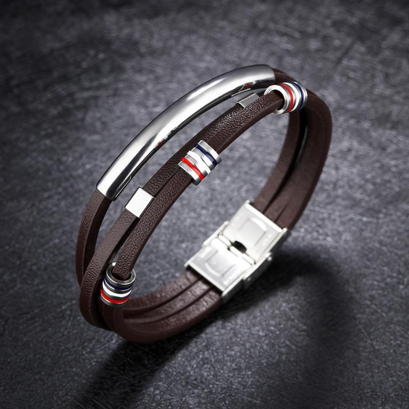 Jiayiqi Brown Leather Bracelet for Men Jewelry Stainless Steel Silver Color Beads Bangles Vintage Male Accessories