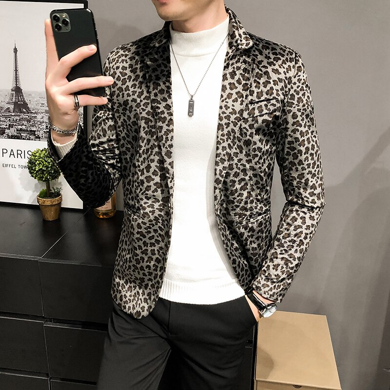 Boutique Leopard Print Mens Casual Blazer Wedding Dress Male Slim Suit Jacket Wedding Dress: Black / Asia L(55-59kg)
