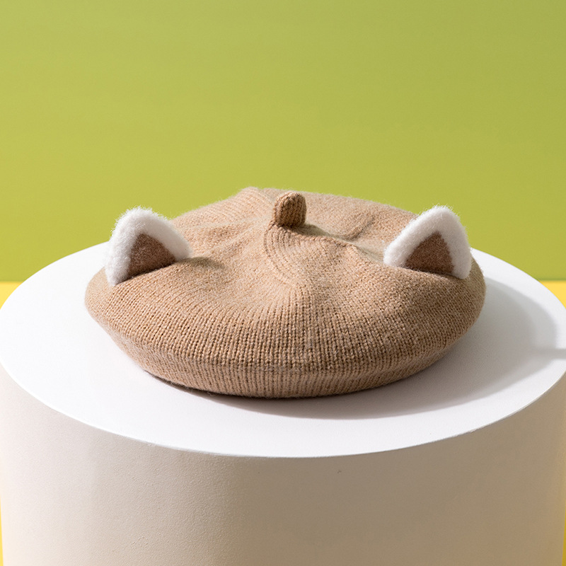 Béret de dessin animé pour enfants, chapeau tricoté avec oreilles de renard, Bonnet pour filles: coffee