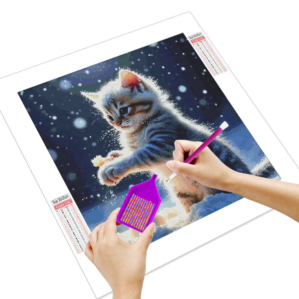 Diamantschilderij met kattenmotief, volledig rond mozaïek, dierenafbeelding met strass-steentjes, handgemaakte huisdecoratie.