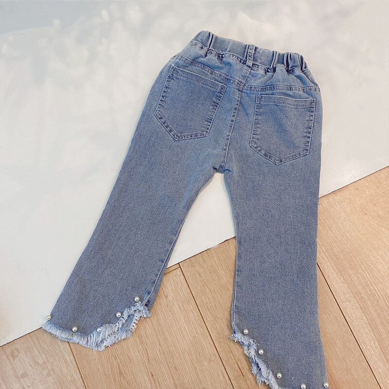 Children Kids Denim Jeans Faux Pearls Beading Full Length Trousers Girls Casual Flare Boot Cut Pants