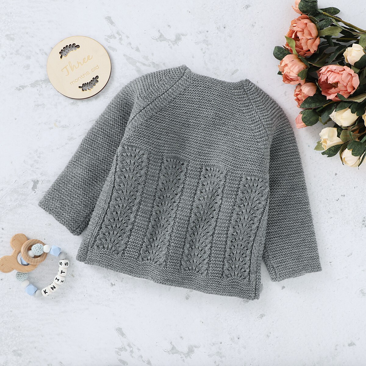 Baby & freundlicher Herbst Kleinkind Baby Mädchen Grau Einreiher SchöNe Blume zur Seite fahren Beiläufige Strickjacke Gestrickten Outfits