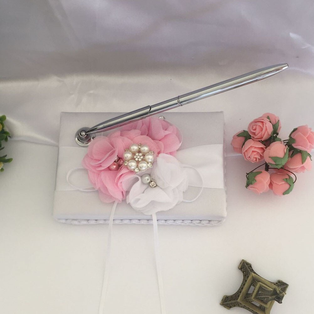 Vit satin blomma bröllop gästbok signering penna set med söta band pärlor  km88
