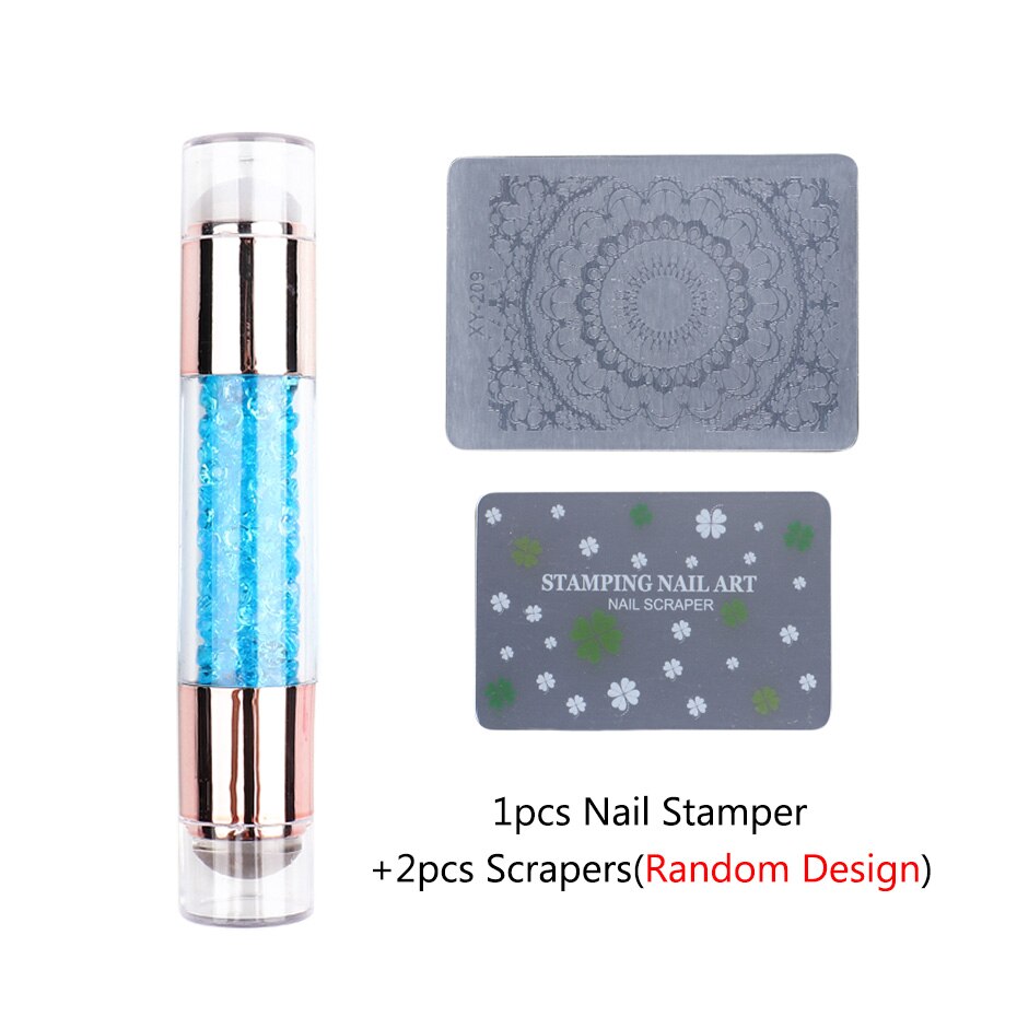 STZ 3pc Double-ended Silicone Nail Stamper with Crystal Rhinestone Handle Transparent Jelly Template Stamping Tool Scraper #1836: Blue