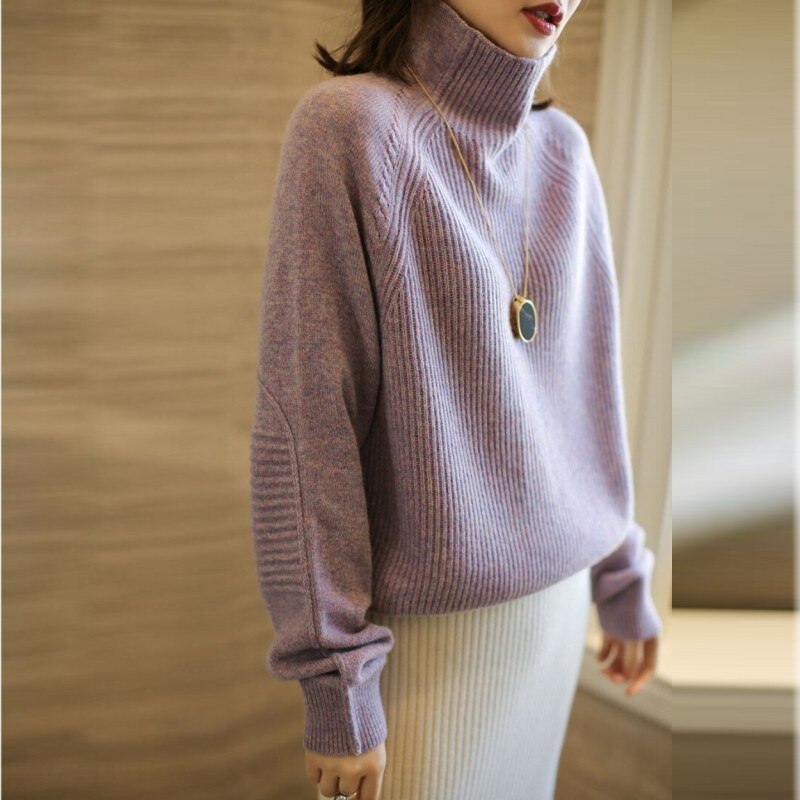 Pull en cachemire épais à col haut pour femme, 100% laine, ample, tricoté, grande taille, automne et hiver: Lavande / L
