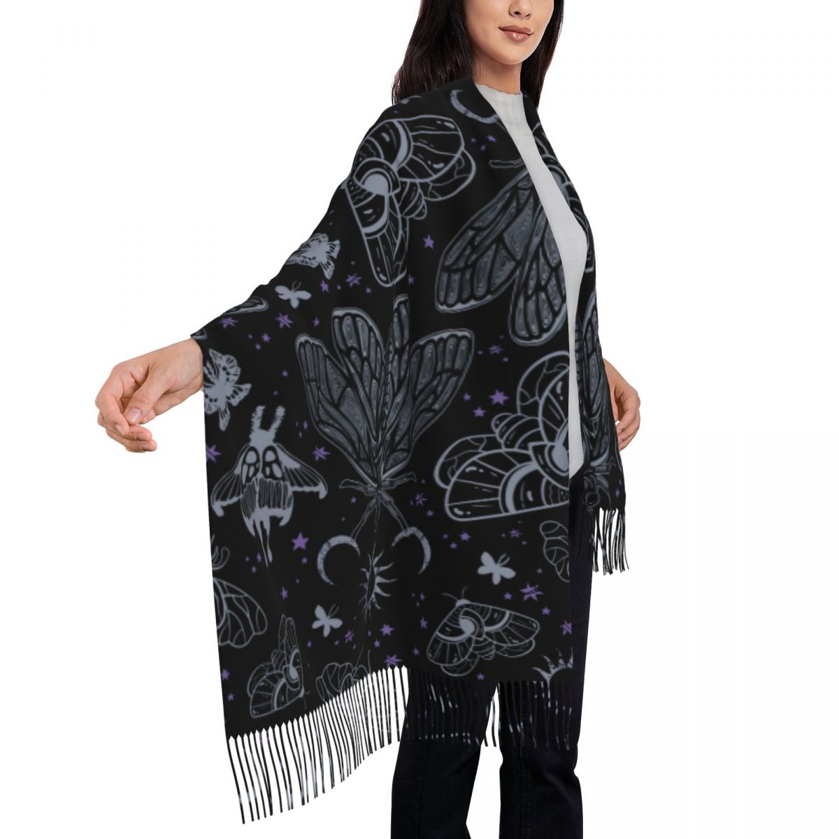 Bufanda celestial con estampado personalizado de cigarra esotérica y polilla, bufandas cálidas para hombres y mujeres, chales góticos con de sol y luna