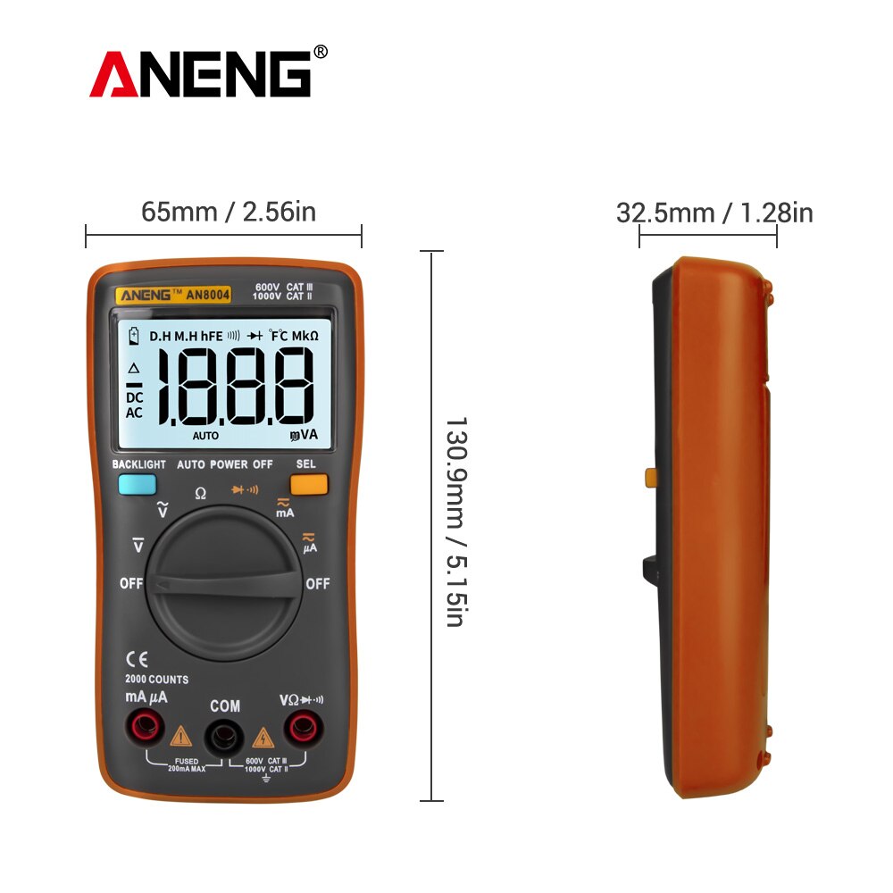 AN8004 Digital Multimeter Auto Range Backlight AC/DC Ammeter Voltmeter Ohm Portable Meter multimetro + Test Lead Set