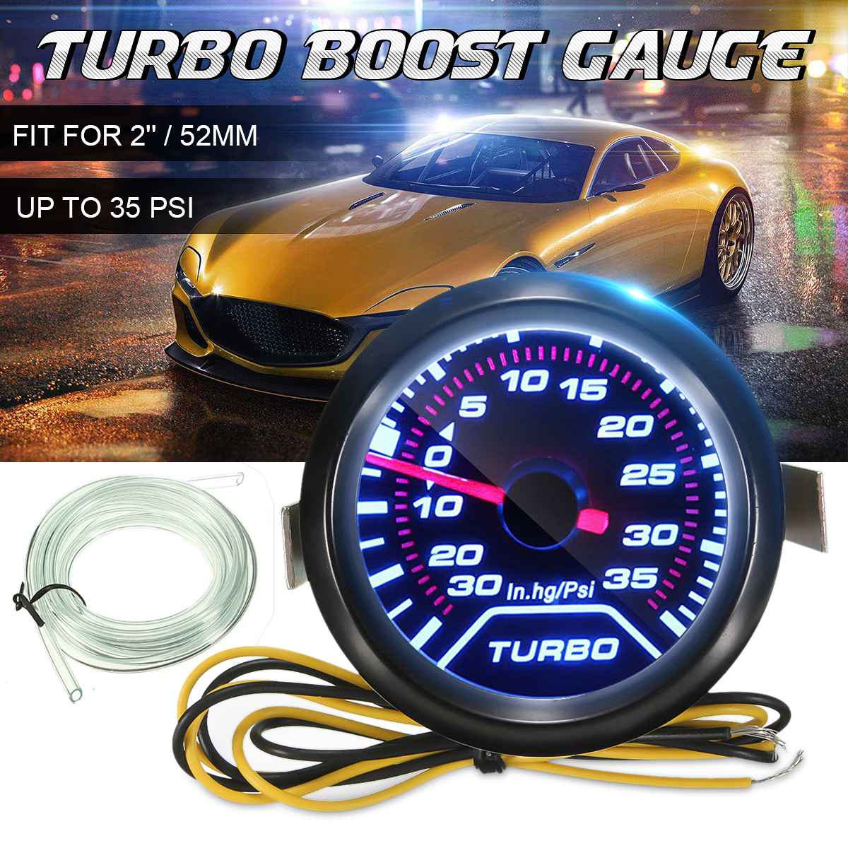Universal 52mm 2 Car Digital LED Display Turbo Boost Pressure Gauges Meter In.HG PSI Smoke Dial Face