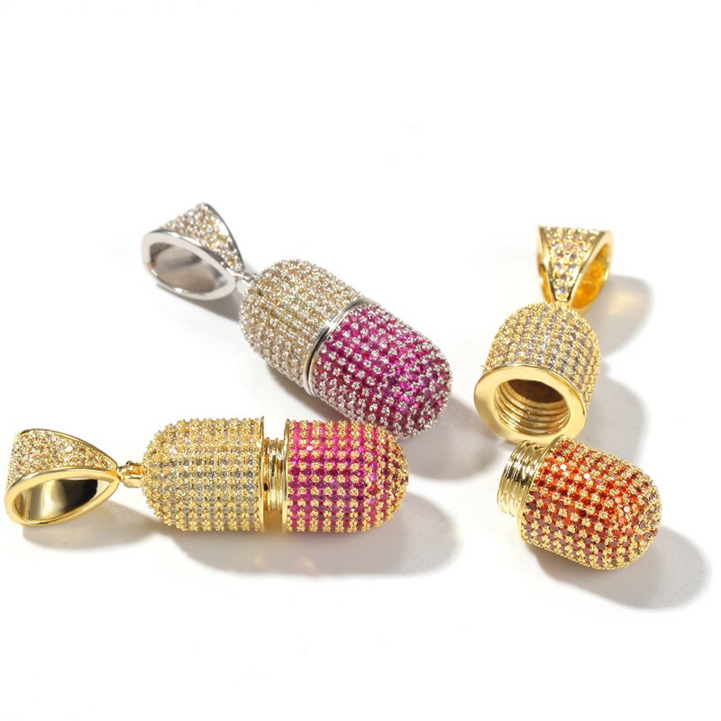 Pieno Zircone Cubico penna Della Capsula Della Pillola Pendenti con Gemme E Perle Collana di anca salto Bling Ghiacciato Fuori Rame medaglione Rapper Gioielli Staccabile Regalo