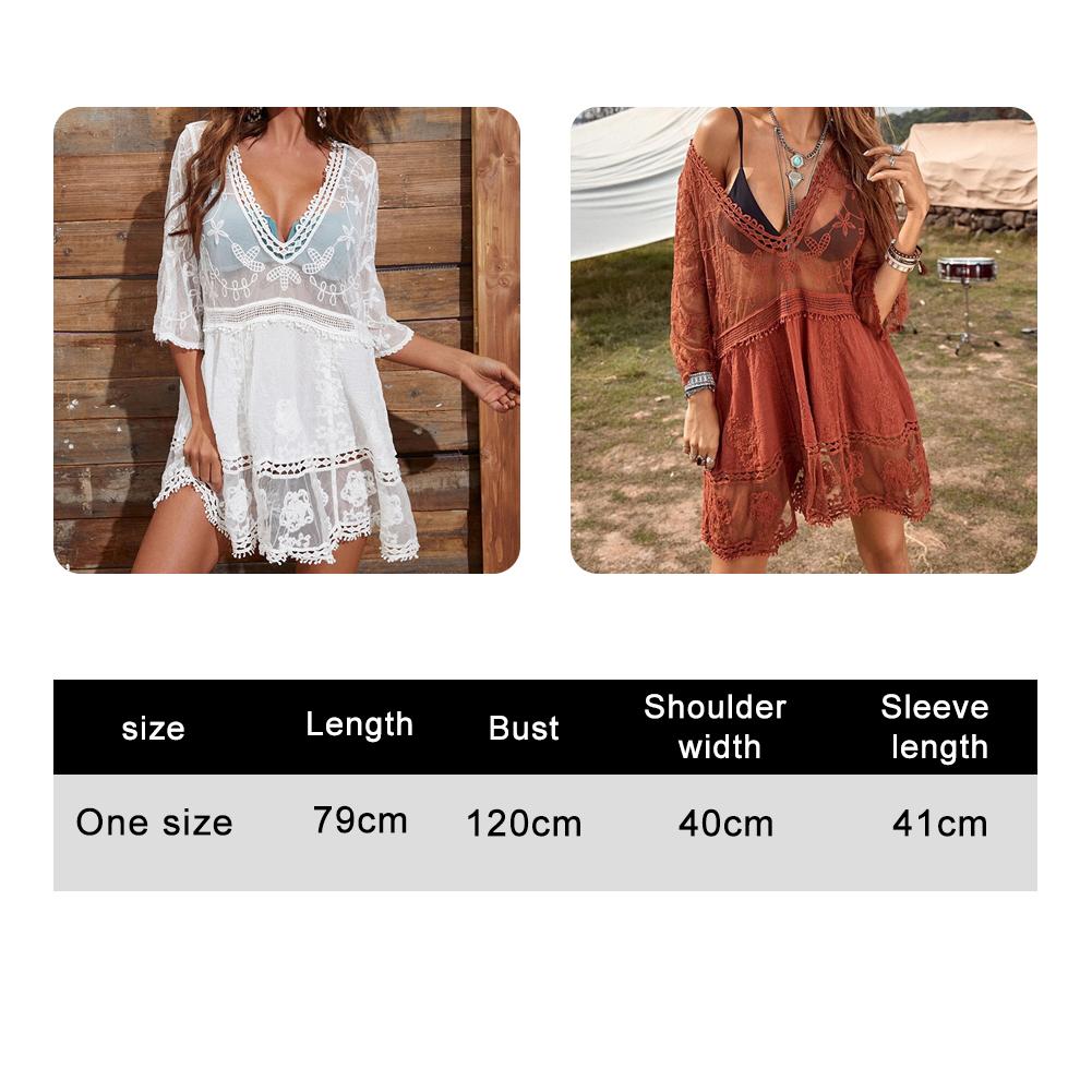 Sexy Women's Mesh Bikini Cover-up Deep V-neck Swimsuit Set Summer Beach Short Sleeve Dress Lace Hollow Out Clothes