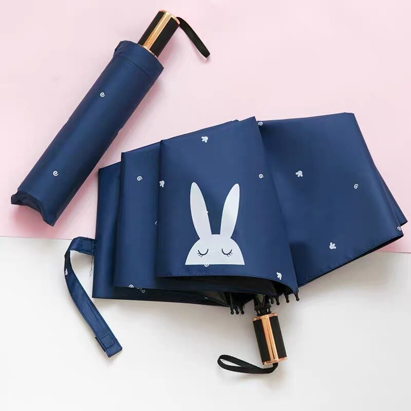 Fully Automatic Rain Umbrella Rain Or Shine Dual Purpose Men and Women Folding Sun-resistant UV-Protection Parasol Advertisement: jiu he Version Rabbit Dark Blue