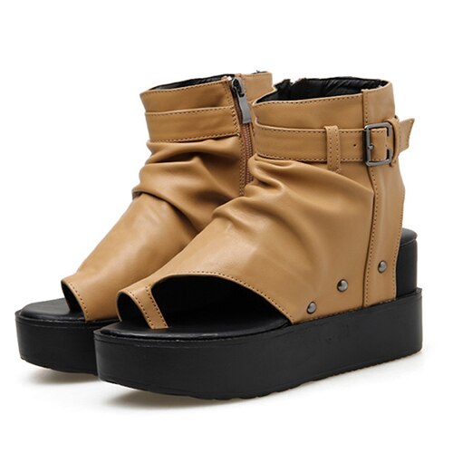 Gdgydh Neue Sommer frauen Sandalen Plattform Keil Pumps Schuhe Für Sommer gucken Zehe Sandalen Schnalle Reißverschluss: Braun Schuhe / 8,5