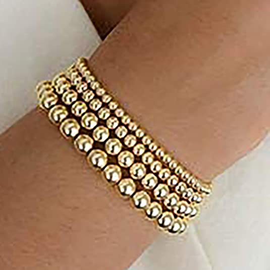 3er -einstellen 4/5/6mm strecken-armbänder mit goldenen kugeln in silberoptik, elastisches, dehnbares kordelseil, geeignet für damen: Kc goldfarbe