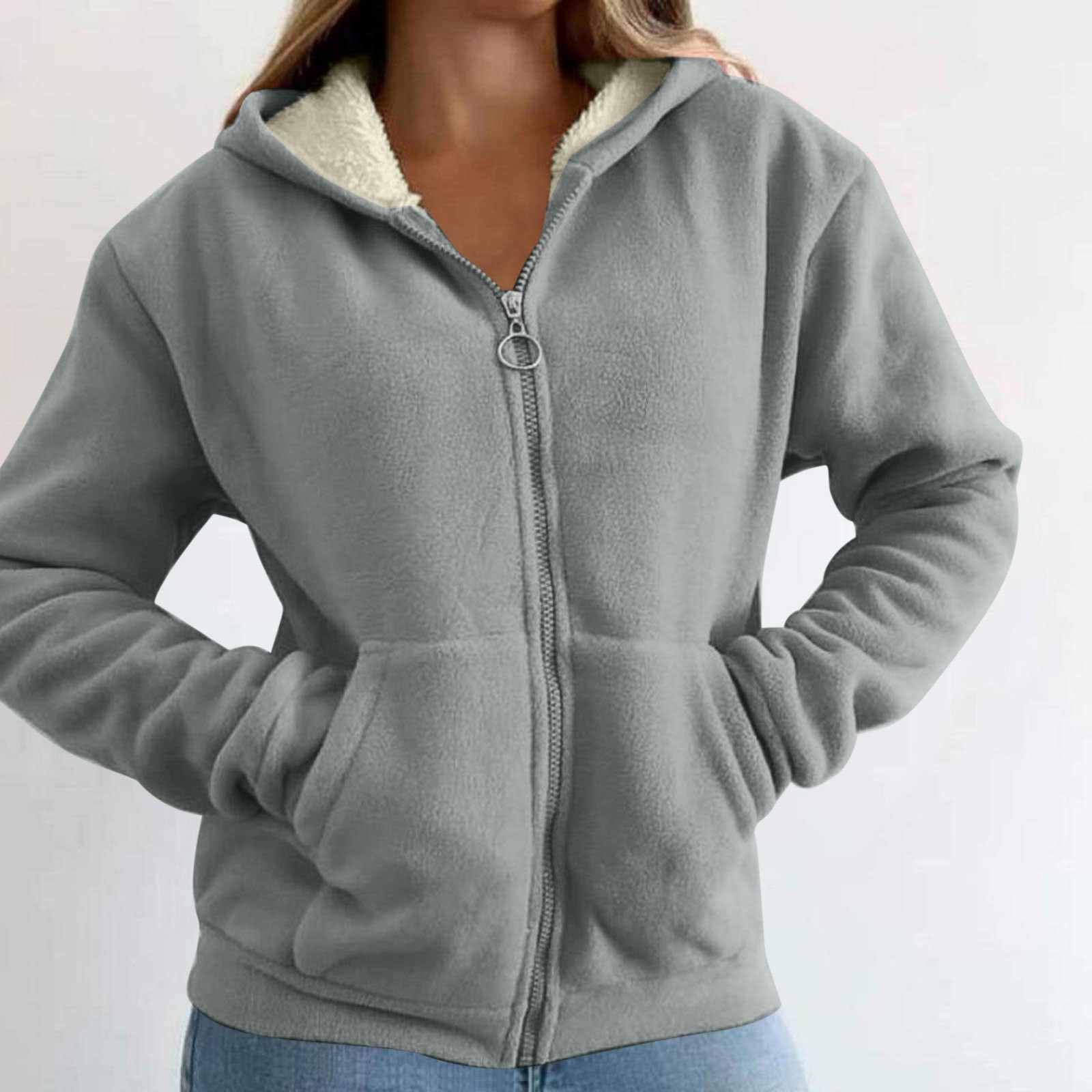 Trendy Sweatshirt Coat Front Pockets Warm Zipper Lamb Wool Jacket Men And Woman Winter Solid Color Plush Lined Cardigan Hoodie