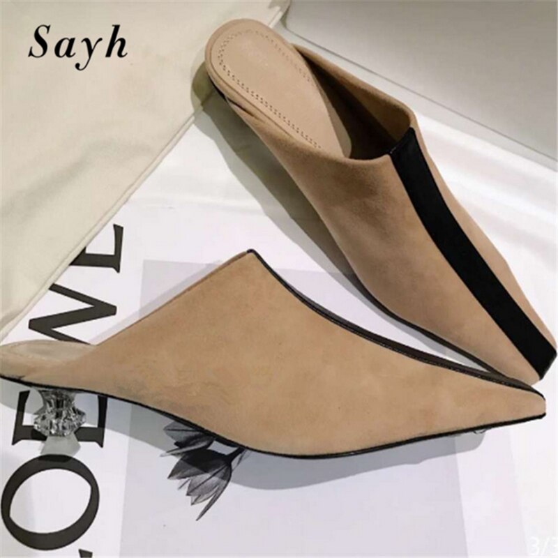 luxe femmes Suqare orteil Mules pompes pantoufle haute cristal talons Patchwork chaussures bureau dame slip-on Stilettos