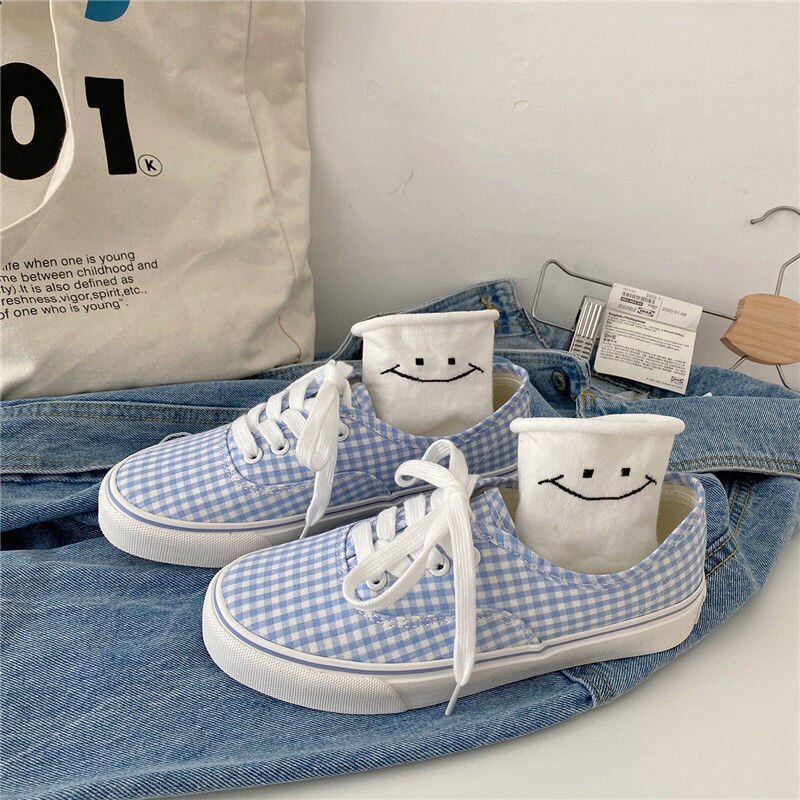 Chaussures en toile de damier bleu authentique pour femmes, baskets de skateboard, plates vulcanisées pour filles: 35