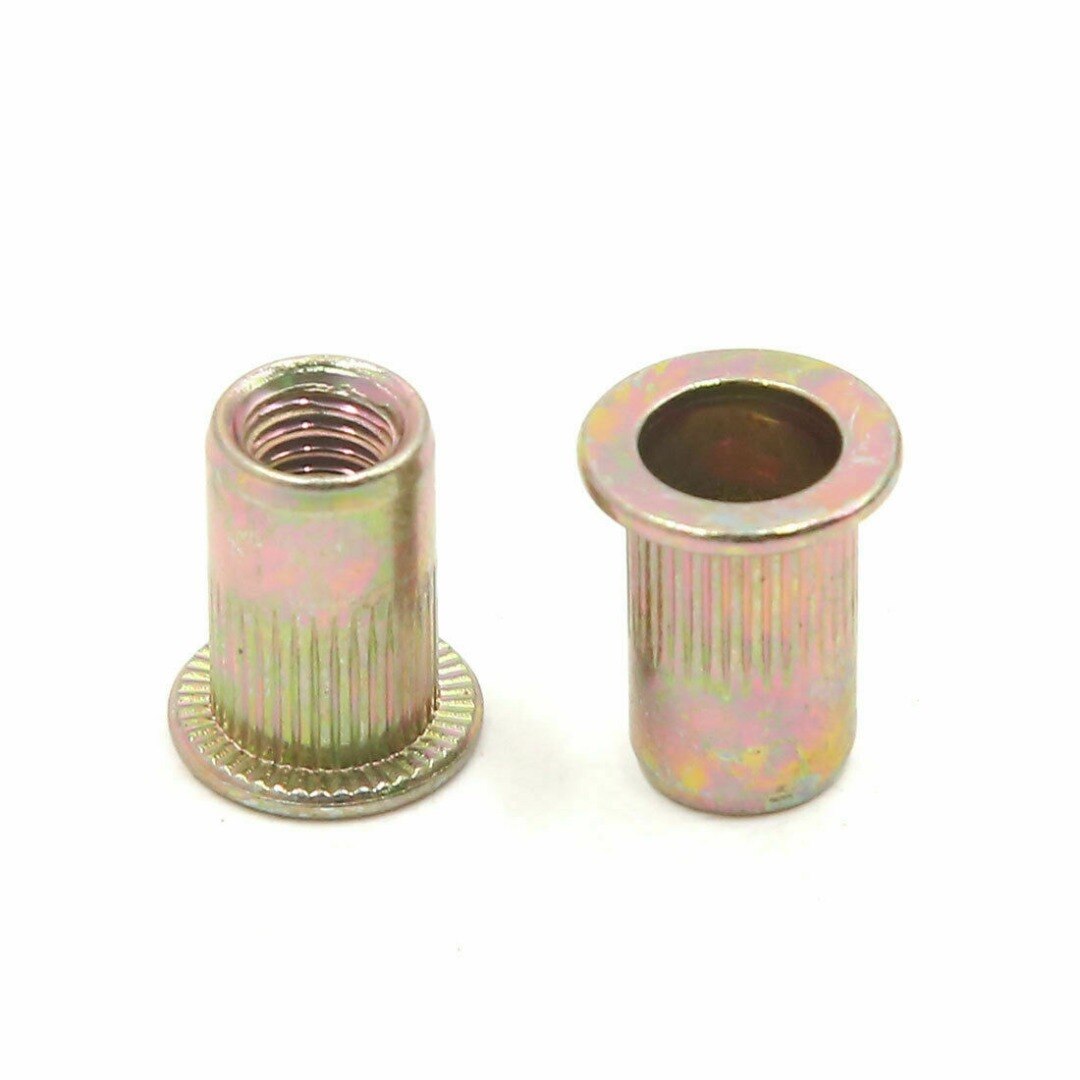 100pcs Car Auto M6 Metric Steel Rivet Nut Flat Head Threaded Insert Nutsert Tool Parts For Steel Plastic Fiberglass Accessories