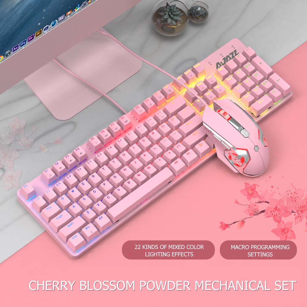 USB Wired Pink Real Mechanical Keyboard and Mouse Set with Blue Switch Cute Girls E-sports Gamer Computer Peripherals Keyboard