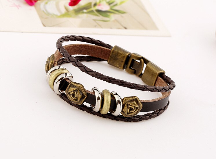 Vintage Beads Charm Bracelet Handmade Woven Gold Plate Leather Bracelets & Bangles For Women Men Jewelry Accessory: rose flower charm