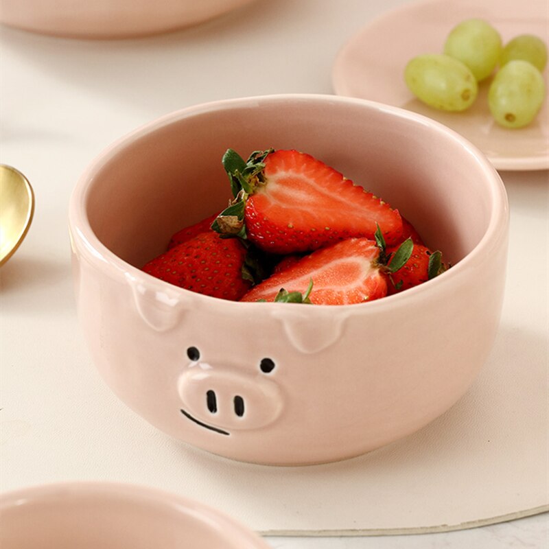 Juego de vajilla de porcelana con dibujos animados para el hogar, conjunto de cerámica con cuenco rosa encantador, plato de desayuno con personalidad creativa
