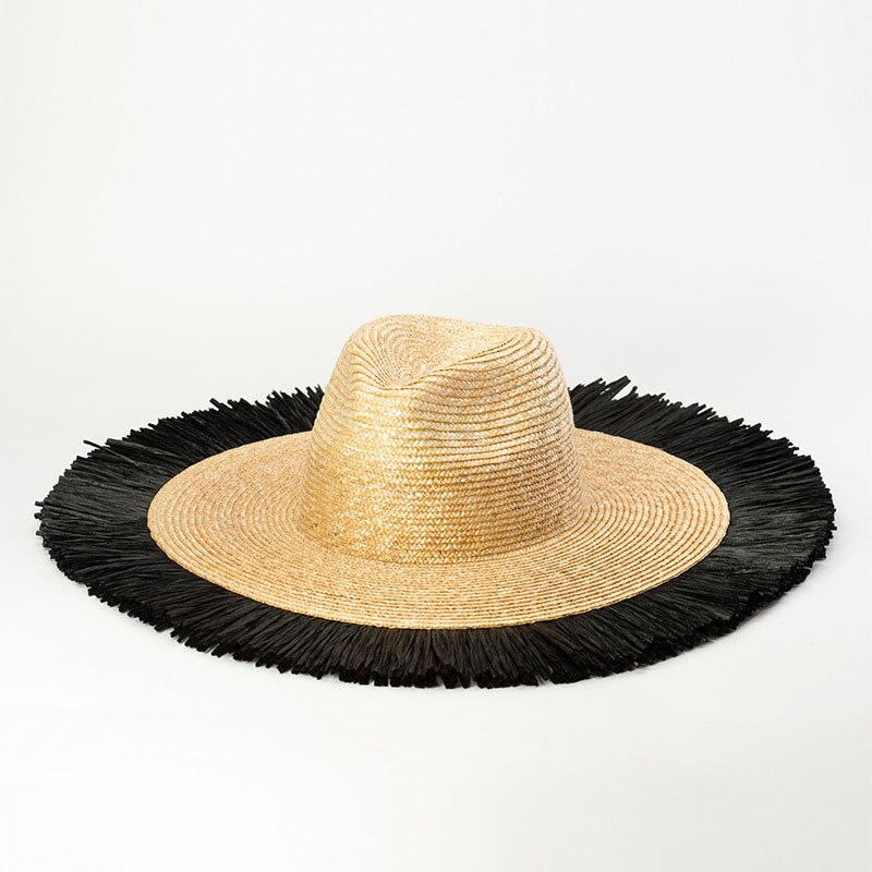 Klassisk frynset hvede stråhat bred rand hat hat strand hat kvinder solhat udendørs sommer kanucky derby hat: Med sort kantede