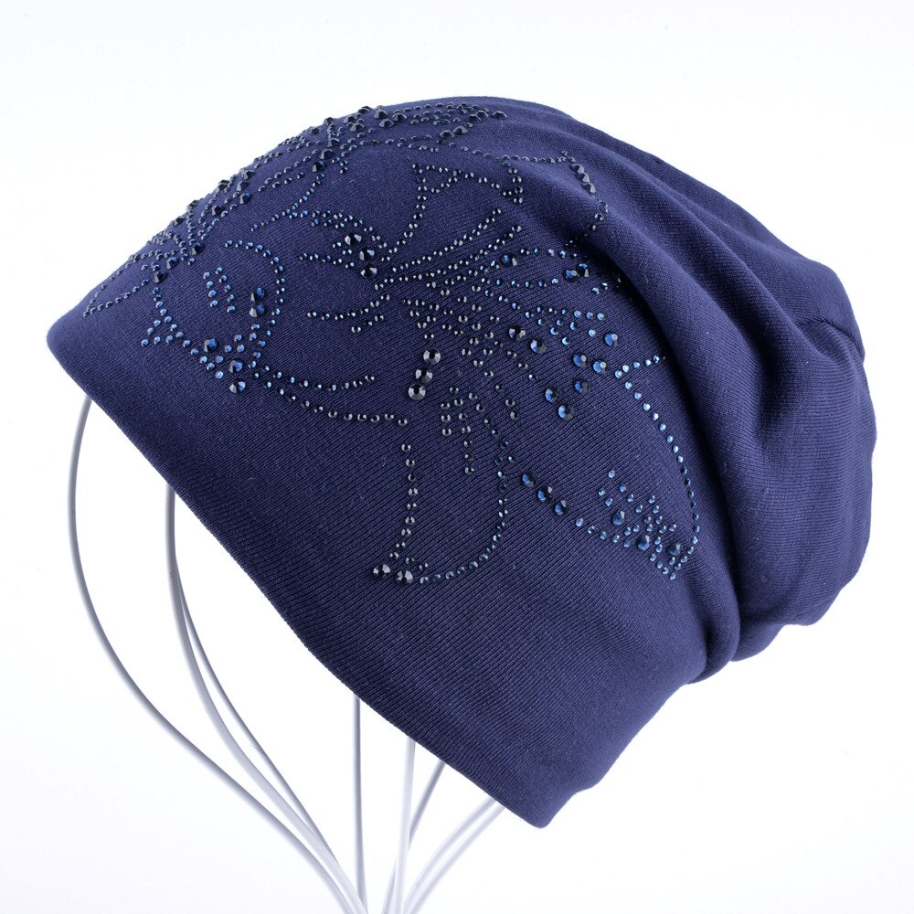 Female Beanie Bonnet Autumn And Winter Caps Hip-hop Cap Flower Rhinestone Hats For Women Beanies