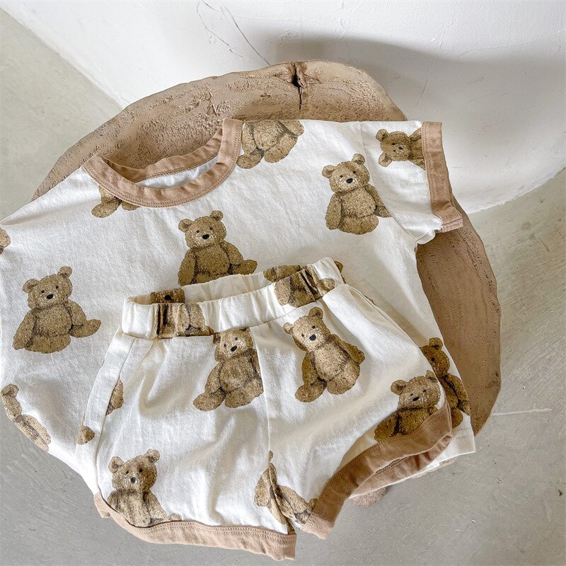 MILANCEL 2022 Summer Kids Clothing Set Bear Print Boys Suit Vintage Tee and Shorts Set di abbigliamento per ragazze 2 pezzi