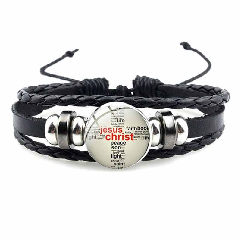 Bracelet avec symbole chrétien de poisson de jésus, bijou en verre fait à la main, Punk, en cuir tissé noir, bijoux manchette pour hommes et femmes: Couleur or jaune pâle