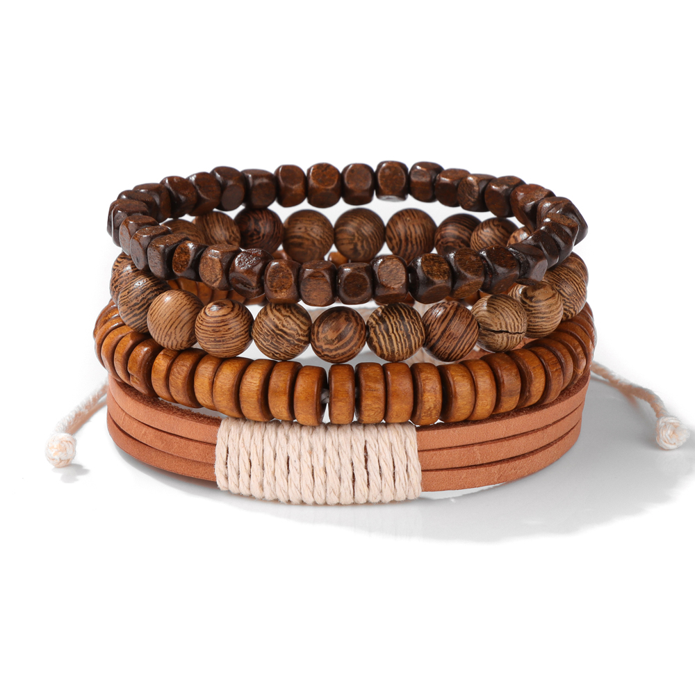 Pulsera de cuentas de madera multicapa para hombre, pulsera de cuerda de cuero marrón Vintage hecha a mano, pulseras nuevas étnicas, brazalete, de joyería 2024: Color amarillo dorado claro