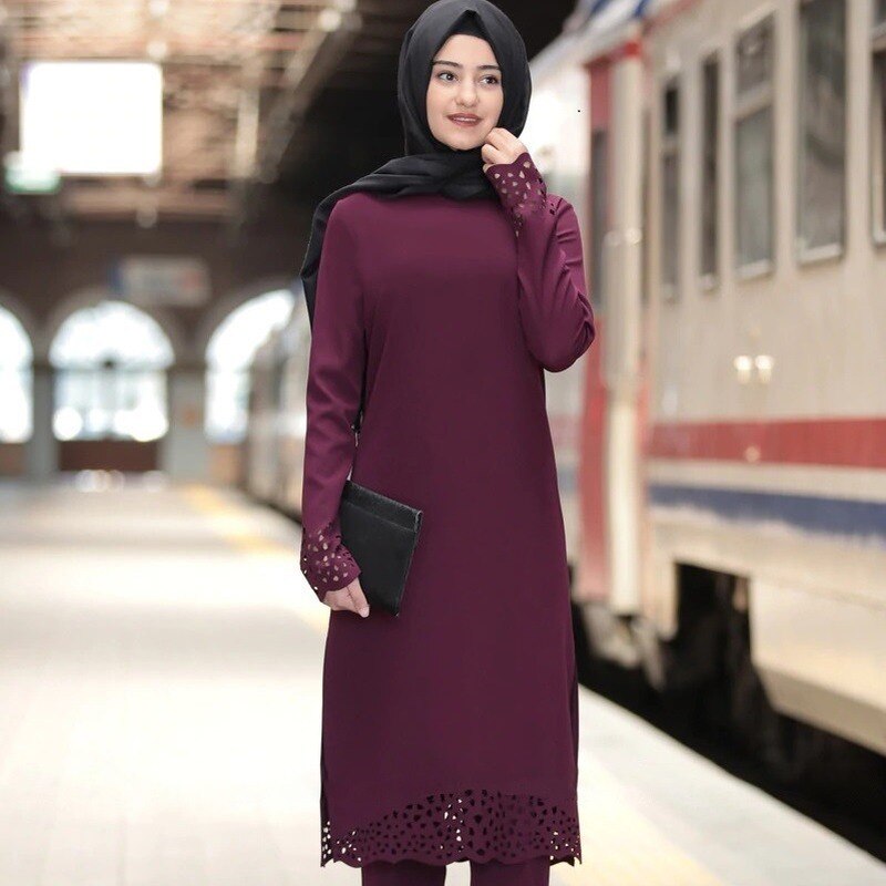 Kalkon muslimsk klänning kvinnor långa toppar ihåliga solida islamiska ropa hijab klänningar marockanska kaftan jilbab fest vestidos abaya ramadan