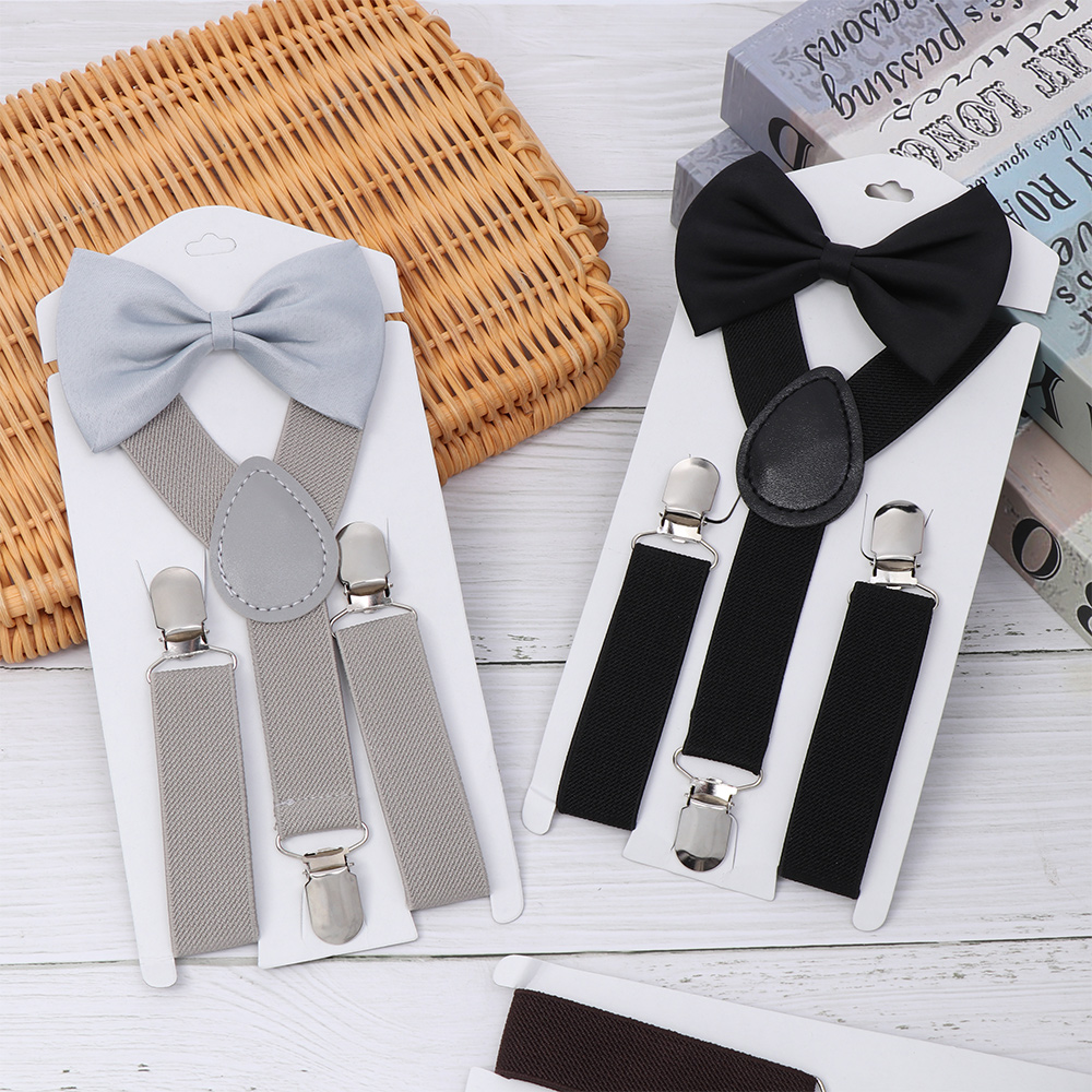 Kids Elastic Suspenders Bow Tie set Matching Tuxedo Suit Unisex Boy Girl Bowtie Wedding Costume Adjustable Y-Back Brace Belt