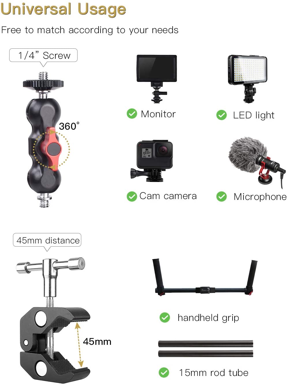Camera Mount Clamp with 360° Ballhead Arm, for DSLR Camera/Field Monitor/LED
