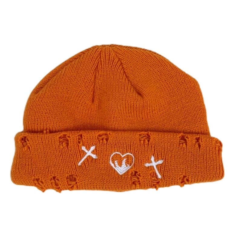 Gorro de lana de punto Flexible con agujeros rotos, cálido, diario, invierno salvaje: Orange