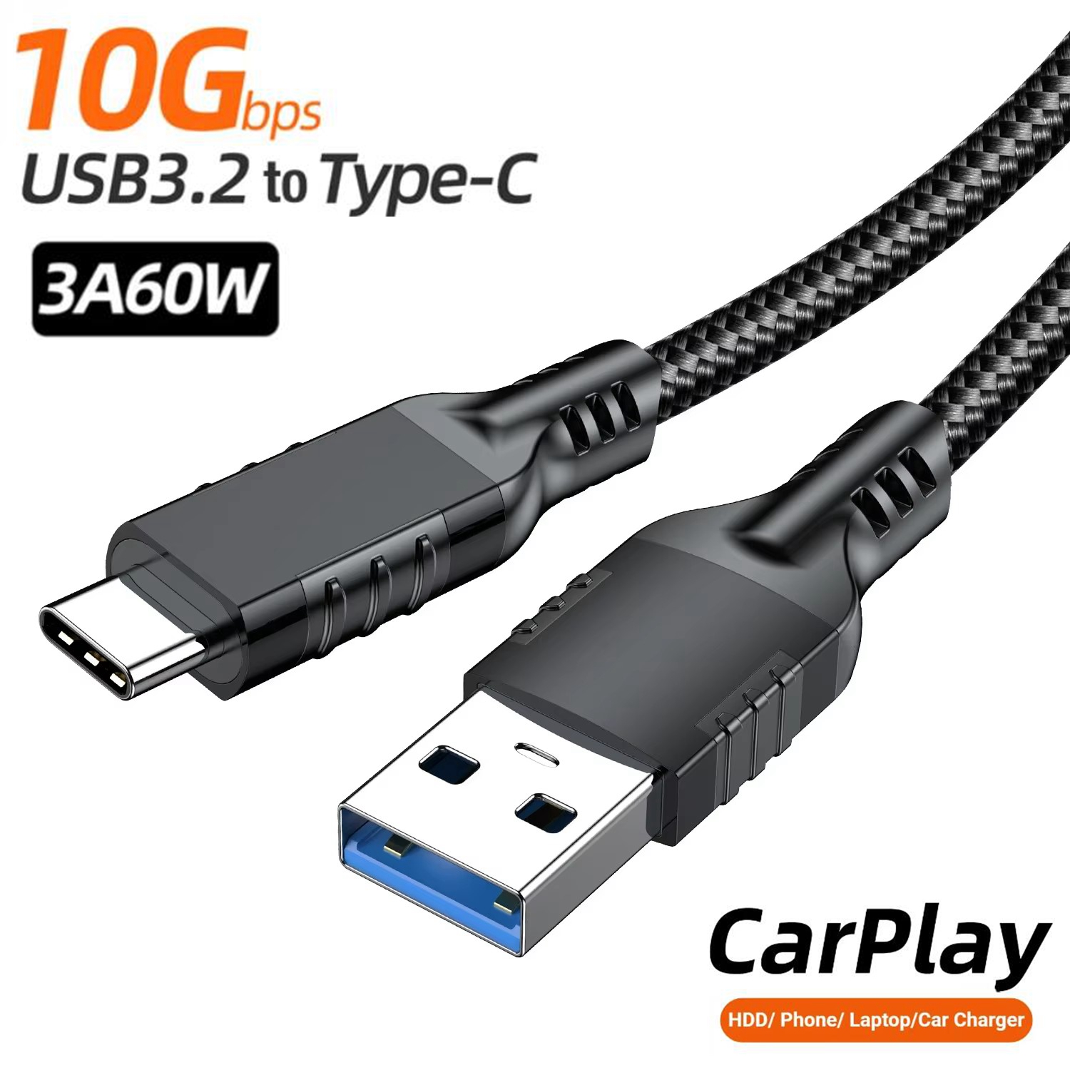 Cabo de dados tipo C para disco rígido, cabos de carregamento rápido USB-C, cabo trançado, Carplay, HDD, carregador de carro, USB 3.2, 10GBPS, 3A, 60W