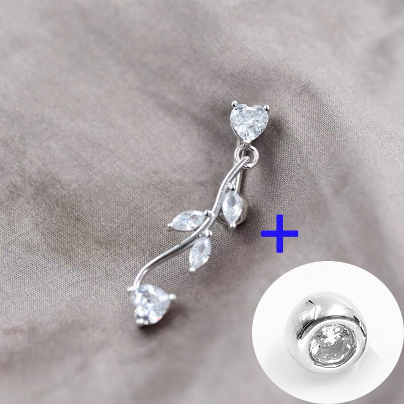 Körper Dekorationen Frauen Schmuck Zirkon Blätter Nabel durchbohren Silber 925 Bauchnabel Ringe Feine Sommer Zubehör: Stange Länge 8 mm / hinzufügen Nabel Kopf