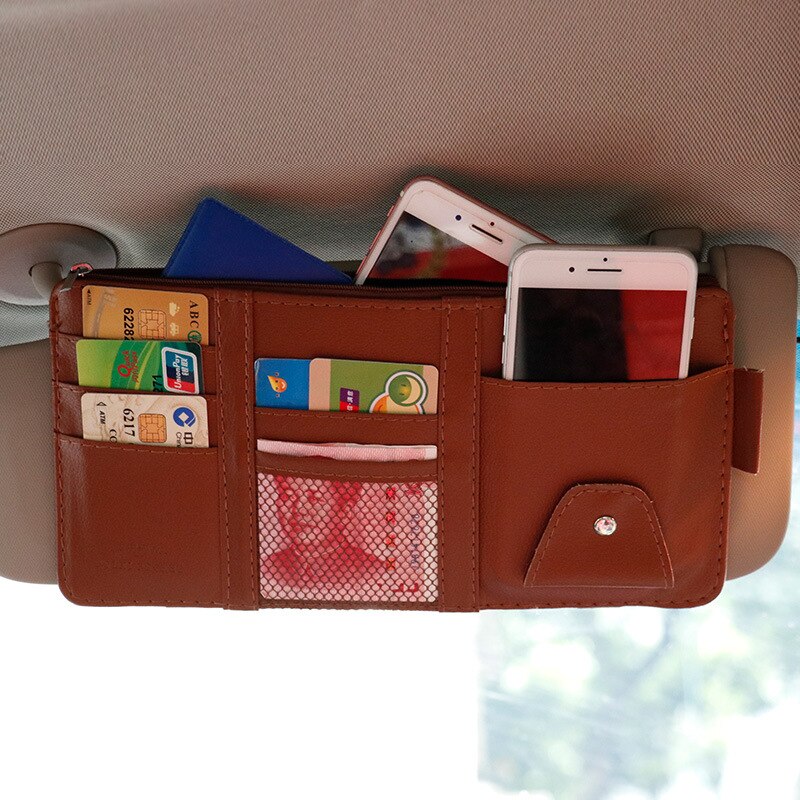 IKSNAIL-Soporte Organizador Universal para visera de coche, Funda de cuero PU para gafas de tarjeta, accesorios para coche, visera organizadora, estilismo para coche: Brown